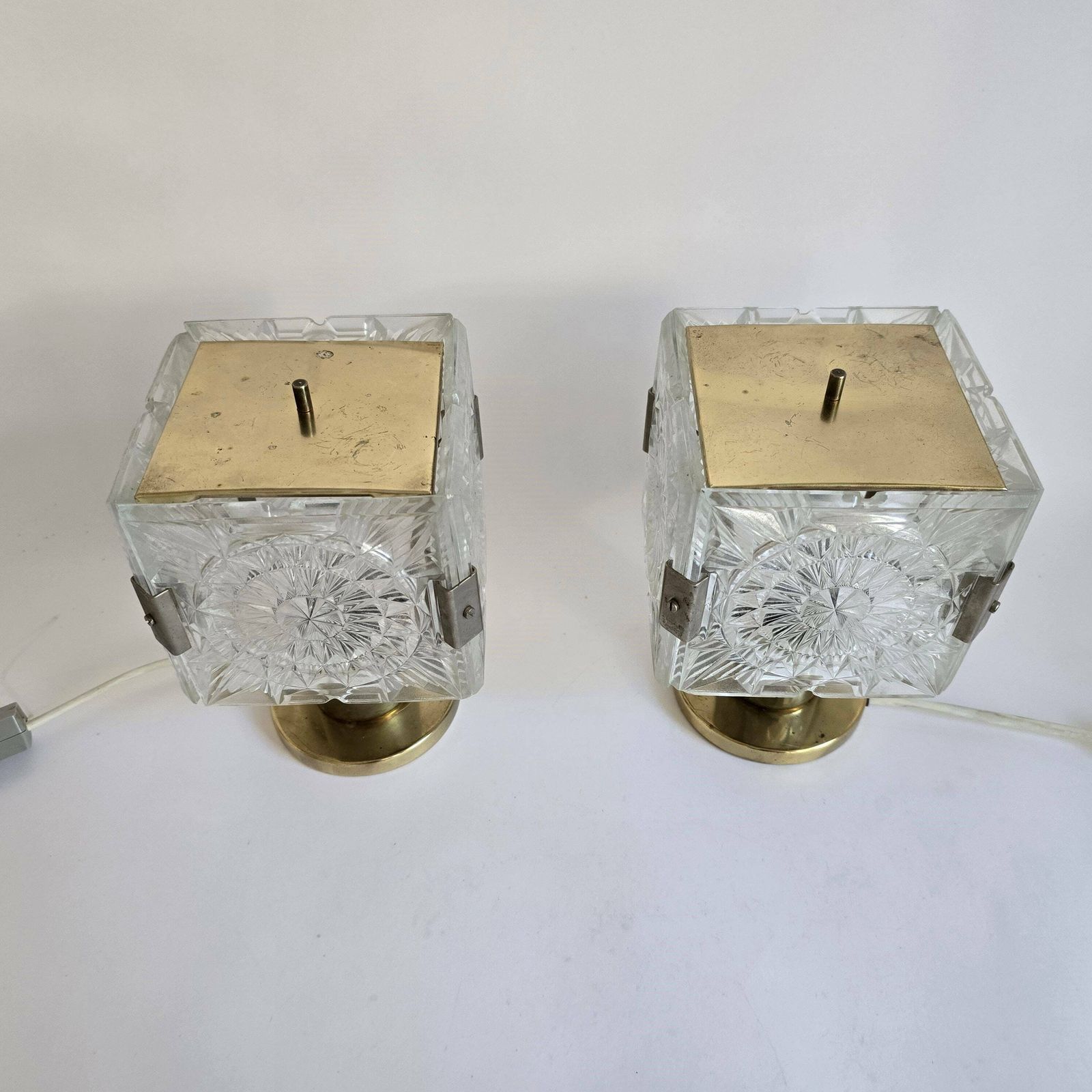 photo for sale Vintage Mid Century Modern Brass Glass Desk One Of Two Lamps From Lustry Kamenický šenov, Czechoslovakia 1970s