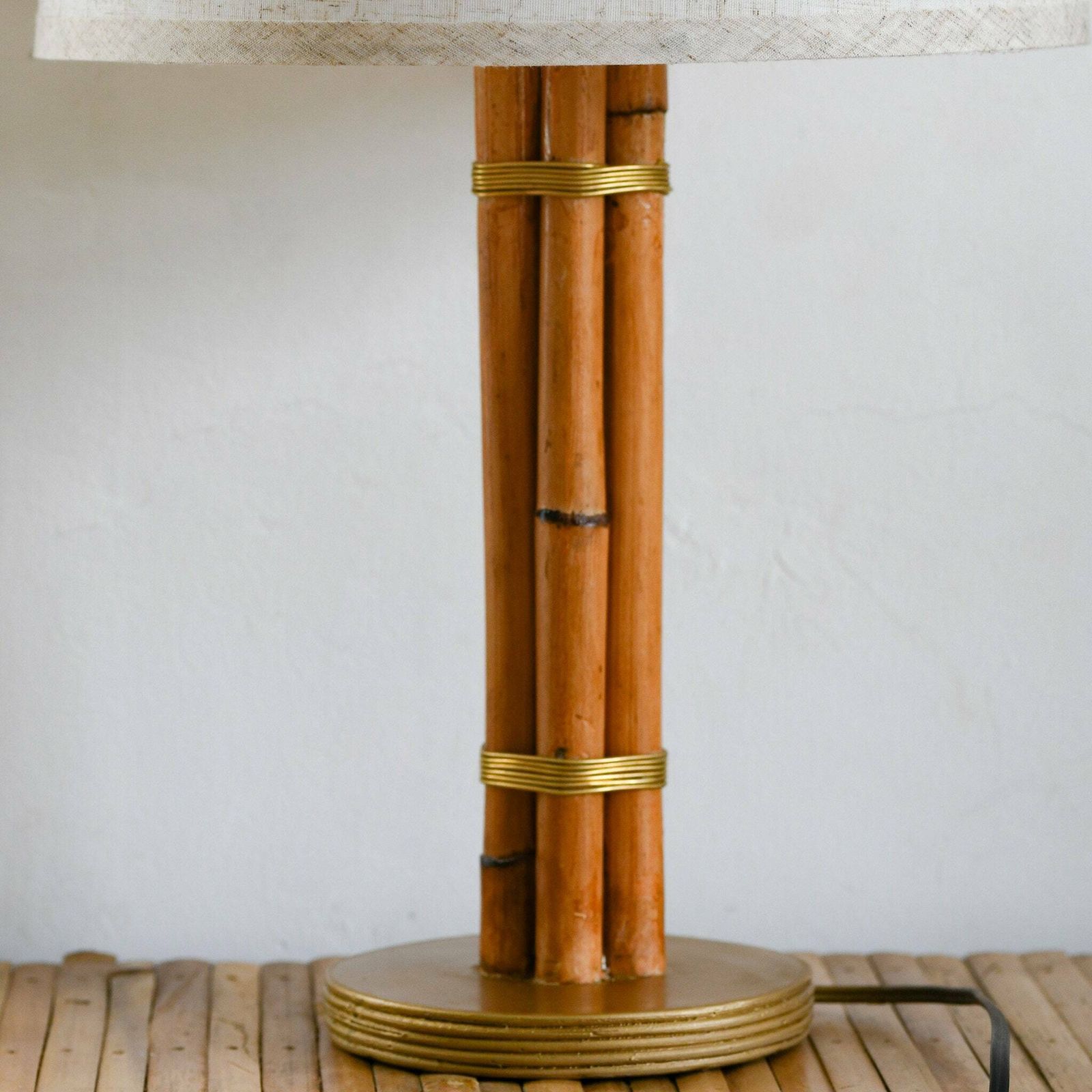Rattan & Brass Table Lamp Mid Century Modern Style photo Lighting