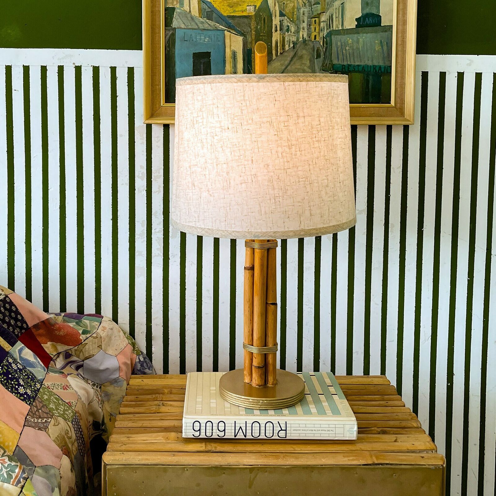 Rattan & Brass Table Lamp Mid Century Modern Style photo vinterior