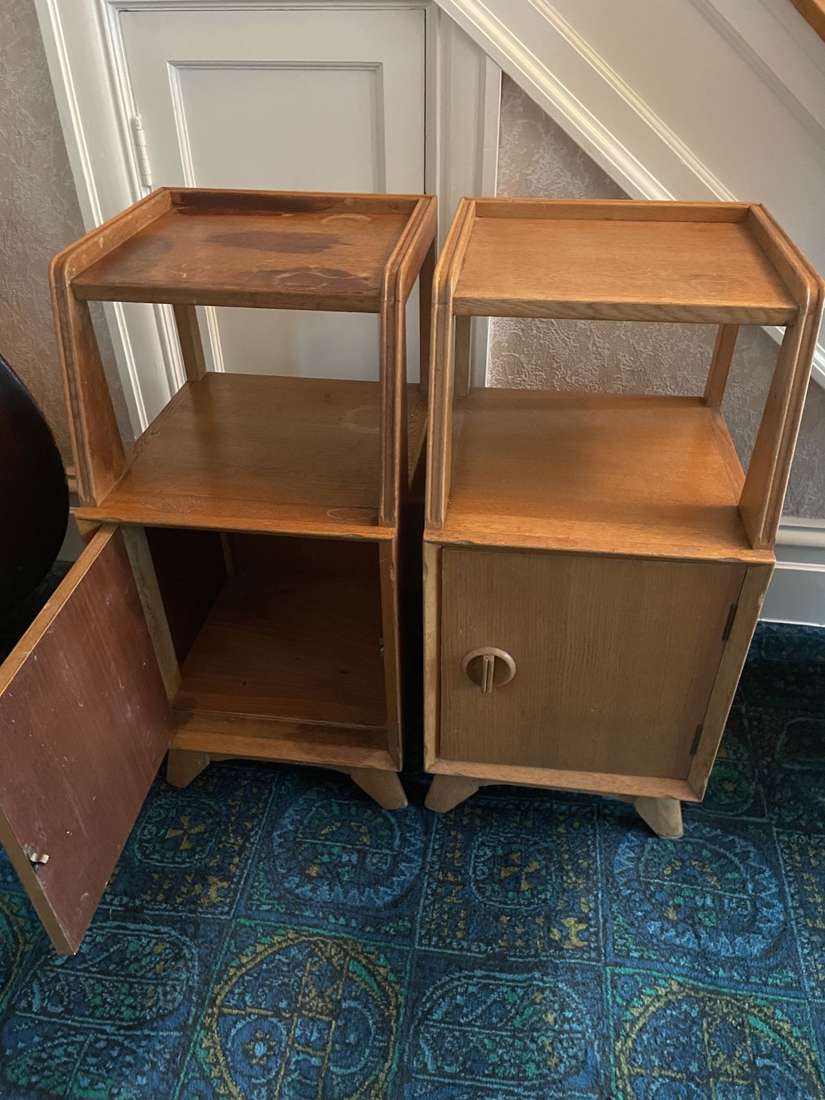 Pair Of Mid Century White And Newton Oak Bedside Cabinets.