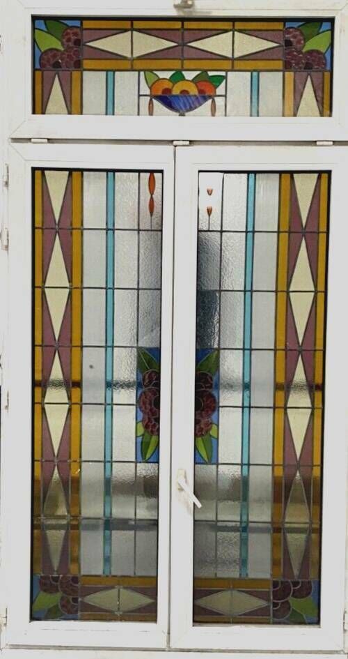 Pair Of Two Leaf Windows In 20th Century Art Deco Stained Glass photo vinterior