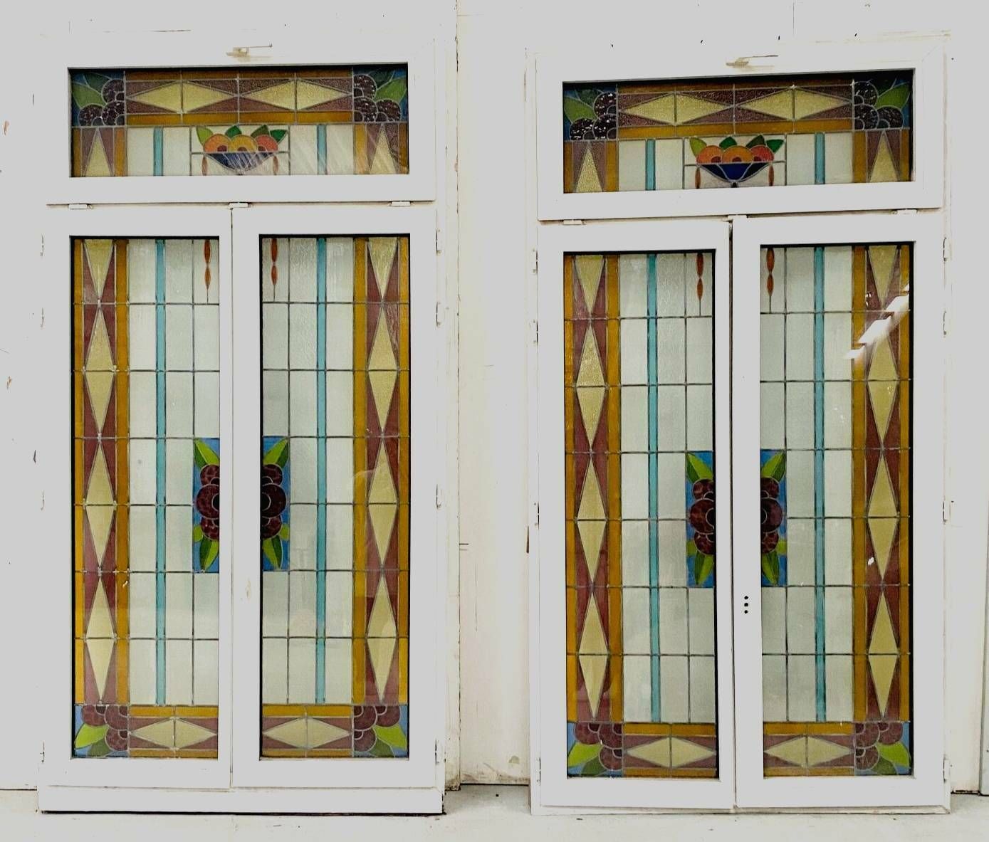 2038.725 Pair Of Two Leaf Windows In 20th Century Art Deco Stained Glass photo
