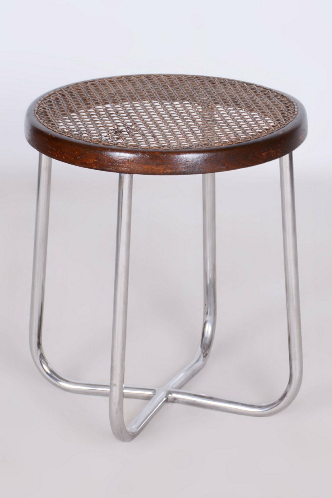 Restored Bauhaus Stool, By Robert Slezák, Chrome, Rattan, Czech, 1930s