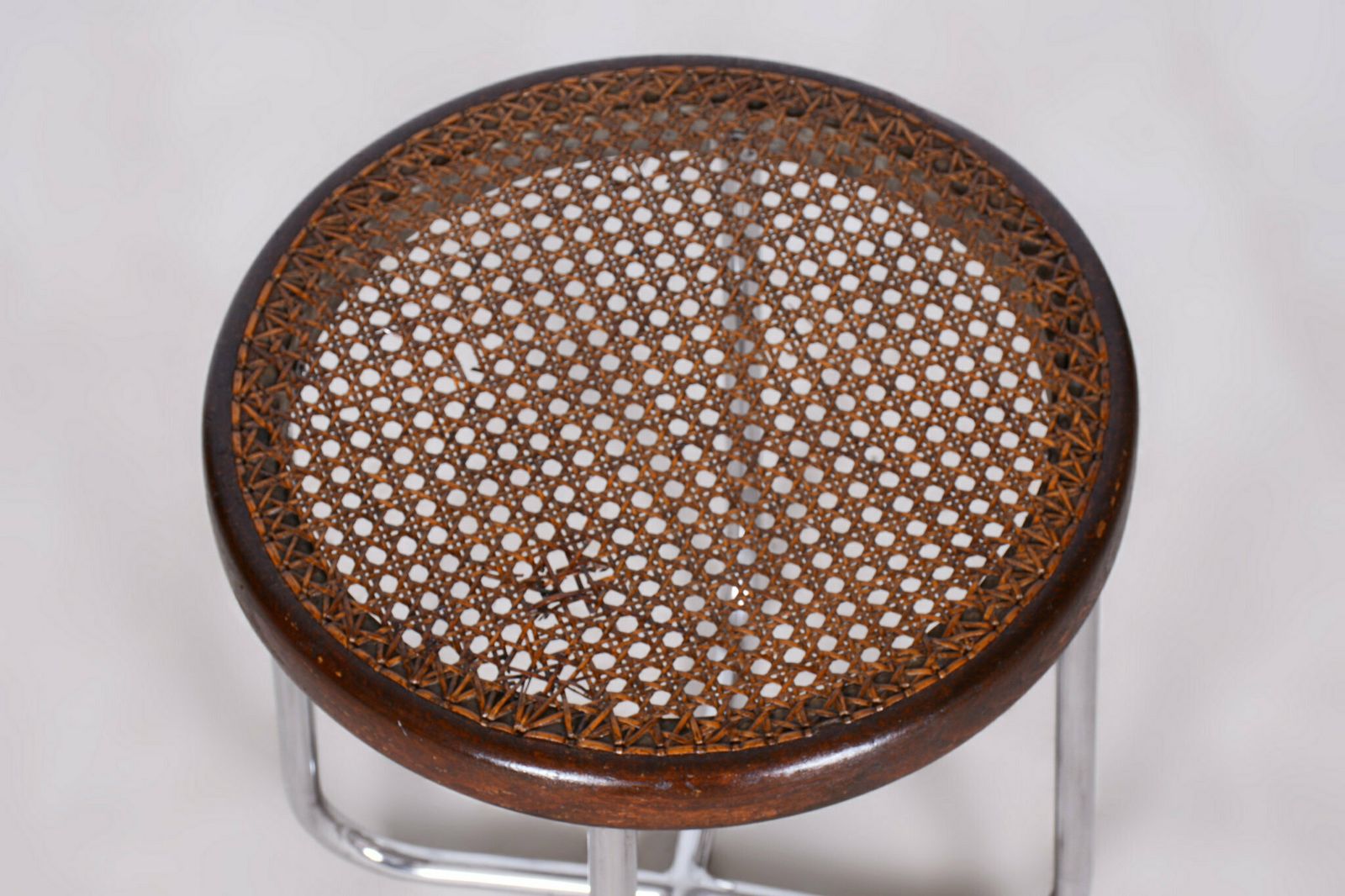 Restored Bauhaus Stool, By Robert Slezák, Chrome, Rattan, Czech, 1930s photo for sale