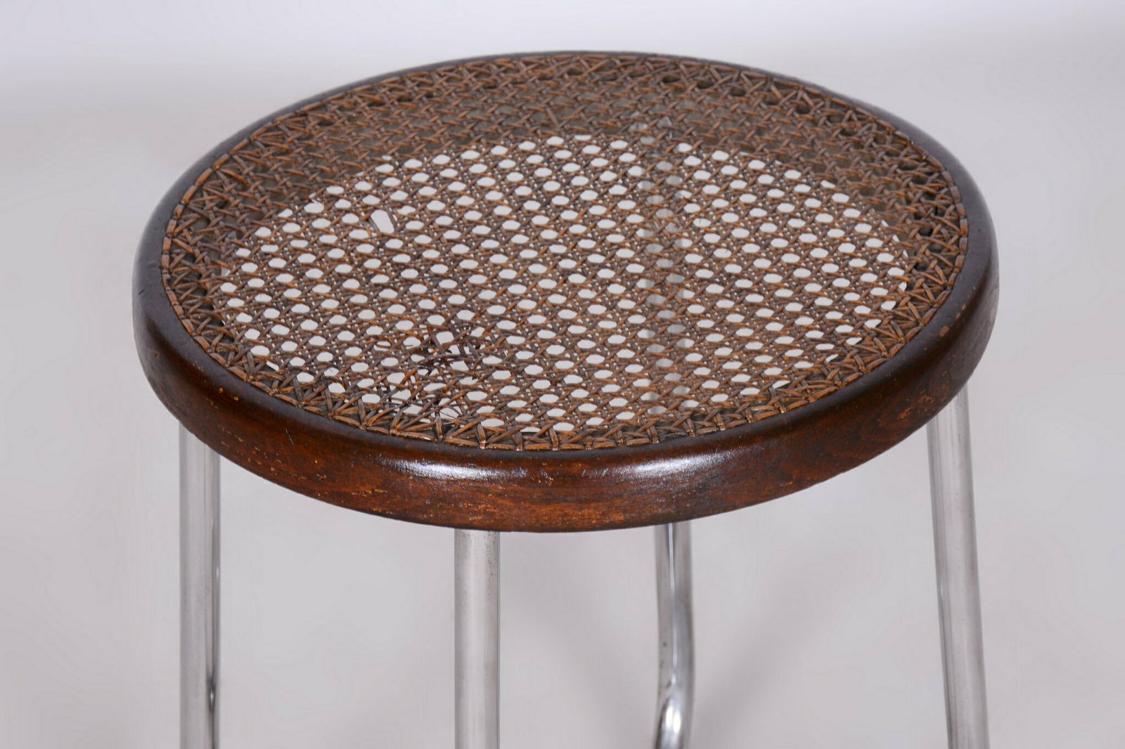 photo furniture Restored Bauhaus Stool, By Robert Slezák, Chrome, Rattan, Czech, 1930s