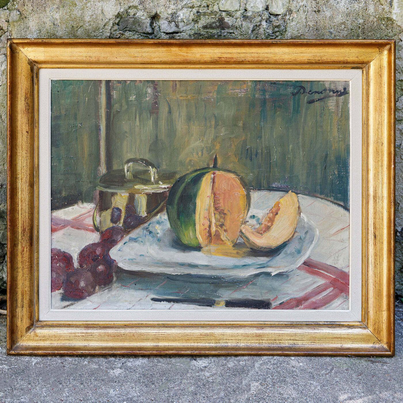 Still Life Oil Paintings Set "Asparagus & Eggs" And "Melon" By Alexandre Denonne photo for sale