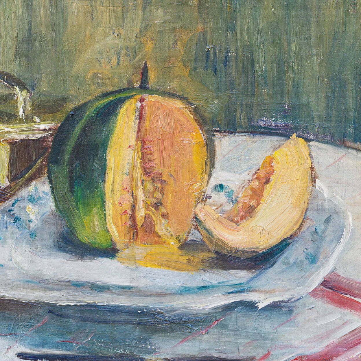 Still Life Oil Paintings Set "Asparagus & Eggs" And "Melon" By Alexandre Denonne photo Art