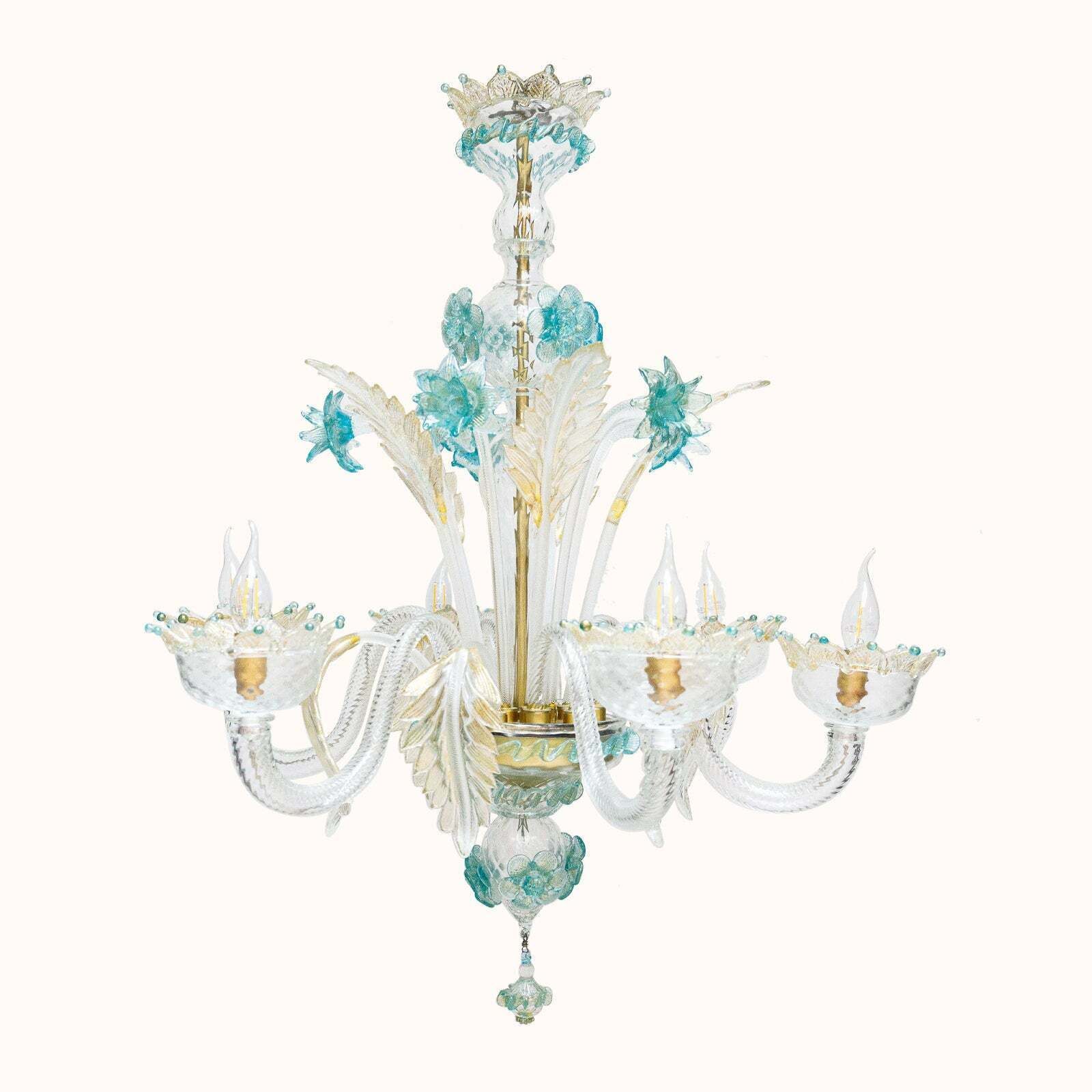 Vintage Venetian Murano Glass 6 Light Chandelier In White And Blue