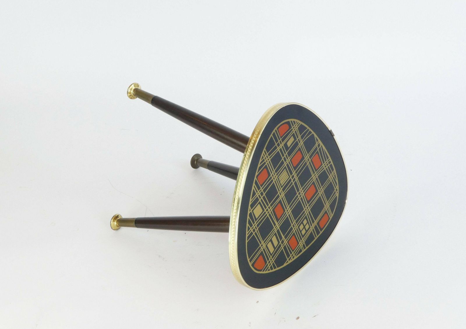 Mid Century Red, Gold & Black 60’s Kidney Plant Stand With Glass Top, Rare Formica Colourful Vintage Plant Table With Brass, Cute Tripod photo for sale