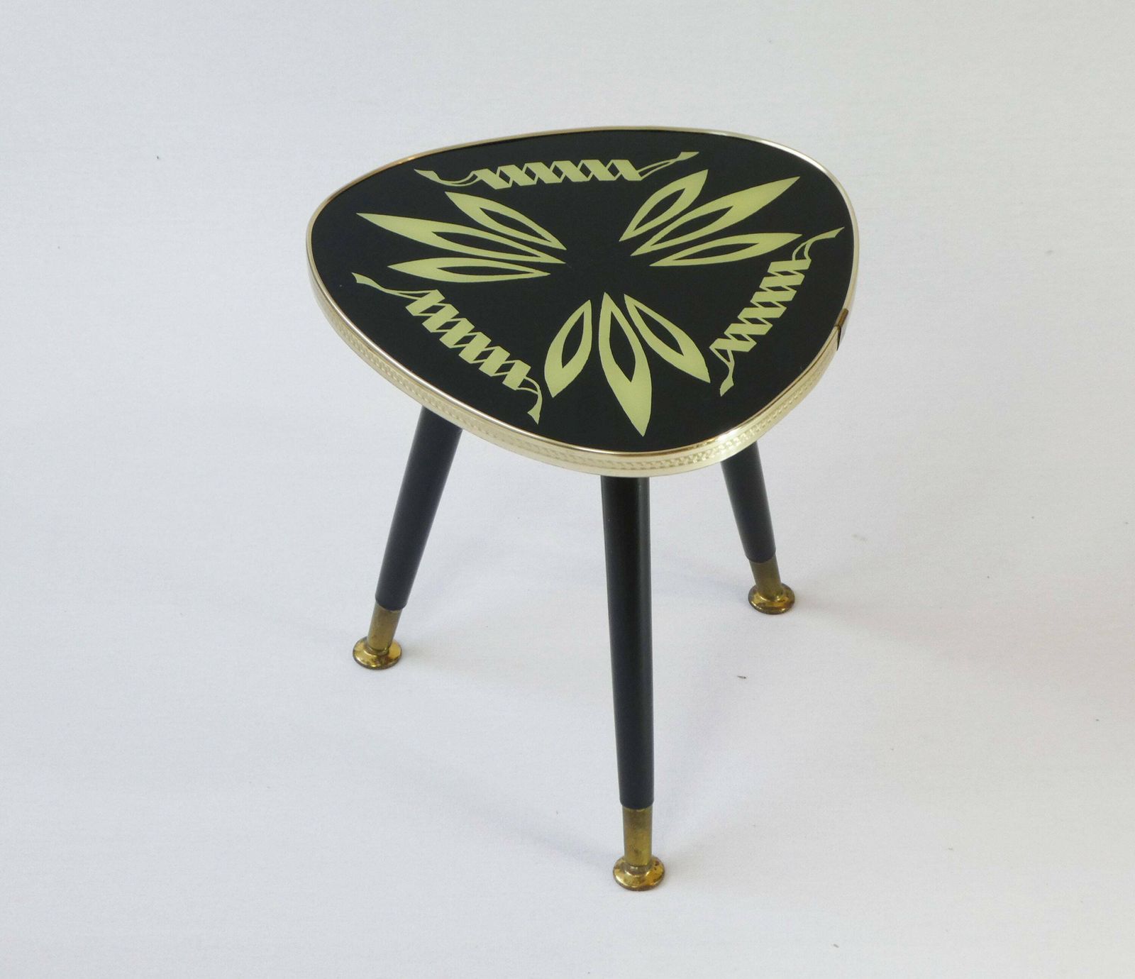 Original Mid Century Space Age Vintage Glass Plant Stand, 60's Tripod Kidney Side Table With Abstract Design photo Furniture