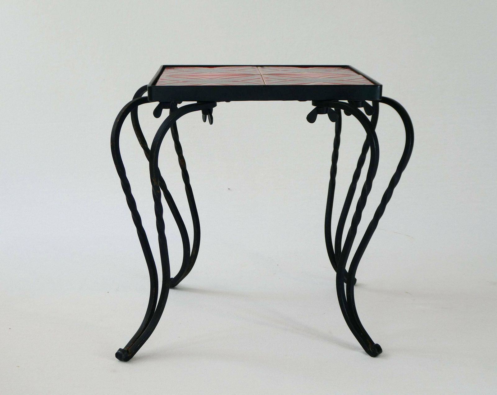 Mid Century Metal Small Square Plant Stand With Red Lava Ceramic Tiles, Vintage West Germany Iron Side Table photo 148.0