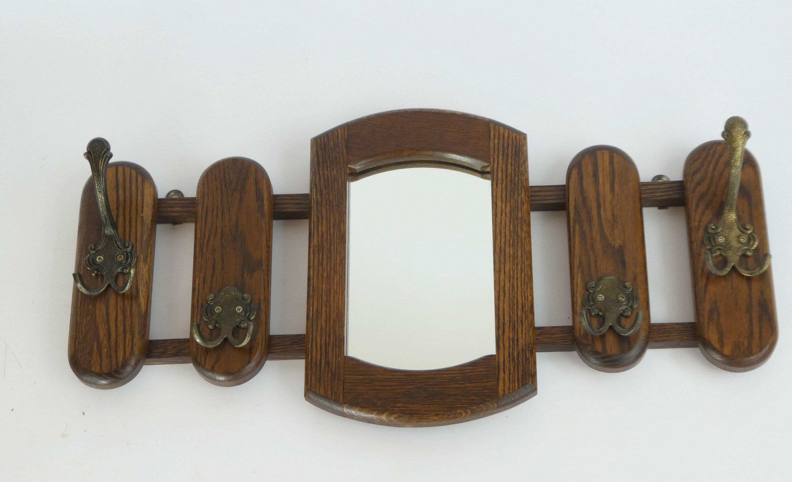 Vintage Dutch Wooden Wall Rack With Mirror And Brass Hooks, Wooden Wall Mount Rack, Oak Wall Hanging photo for sale