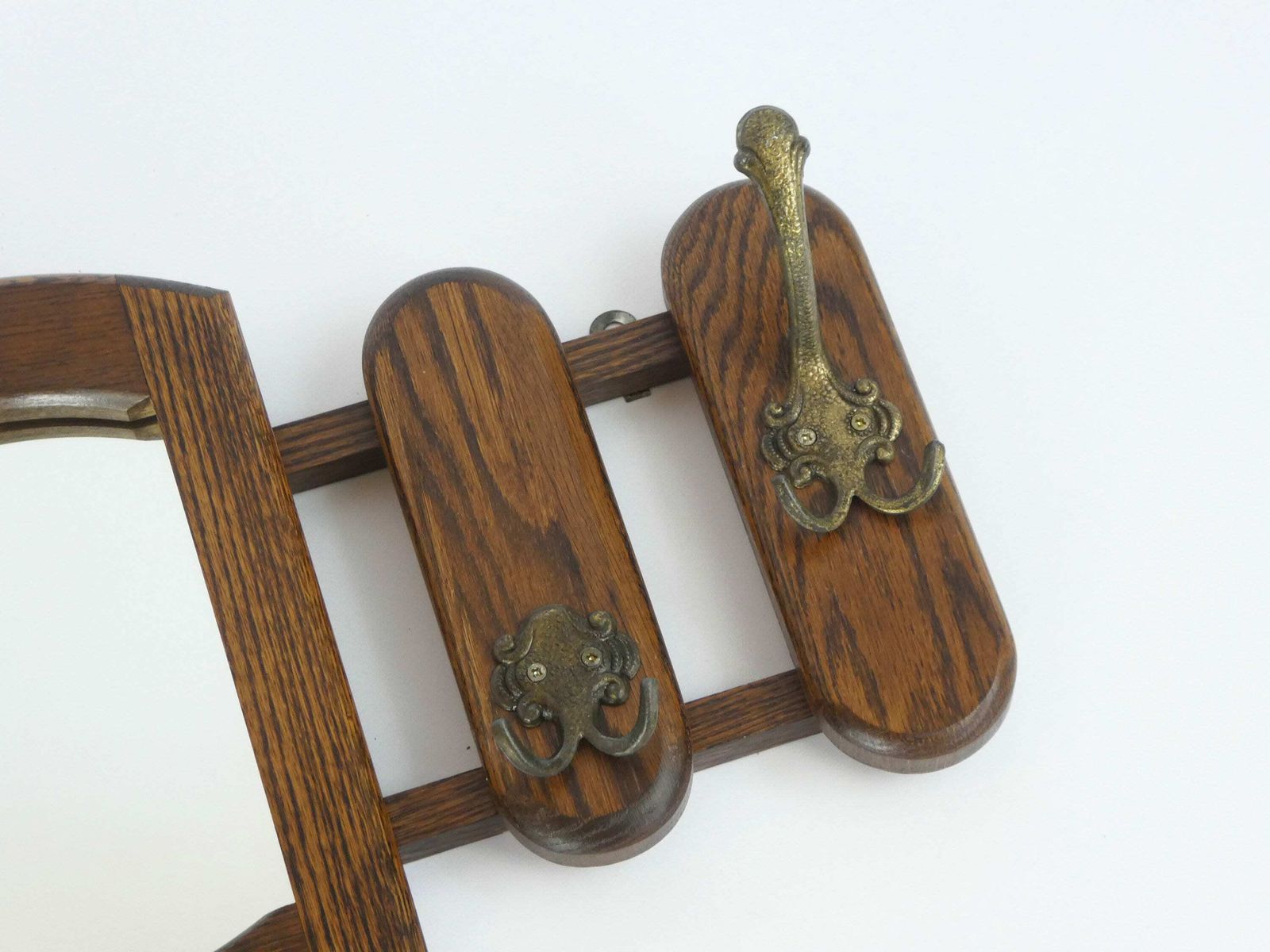 Vintage Dutch Wooden Wall Rack With Mirror And Brass Hooks, Wooden Wall Mount Rack, Oak Wall Hanging photo Furniture