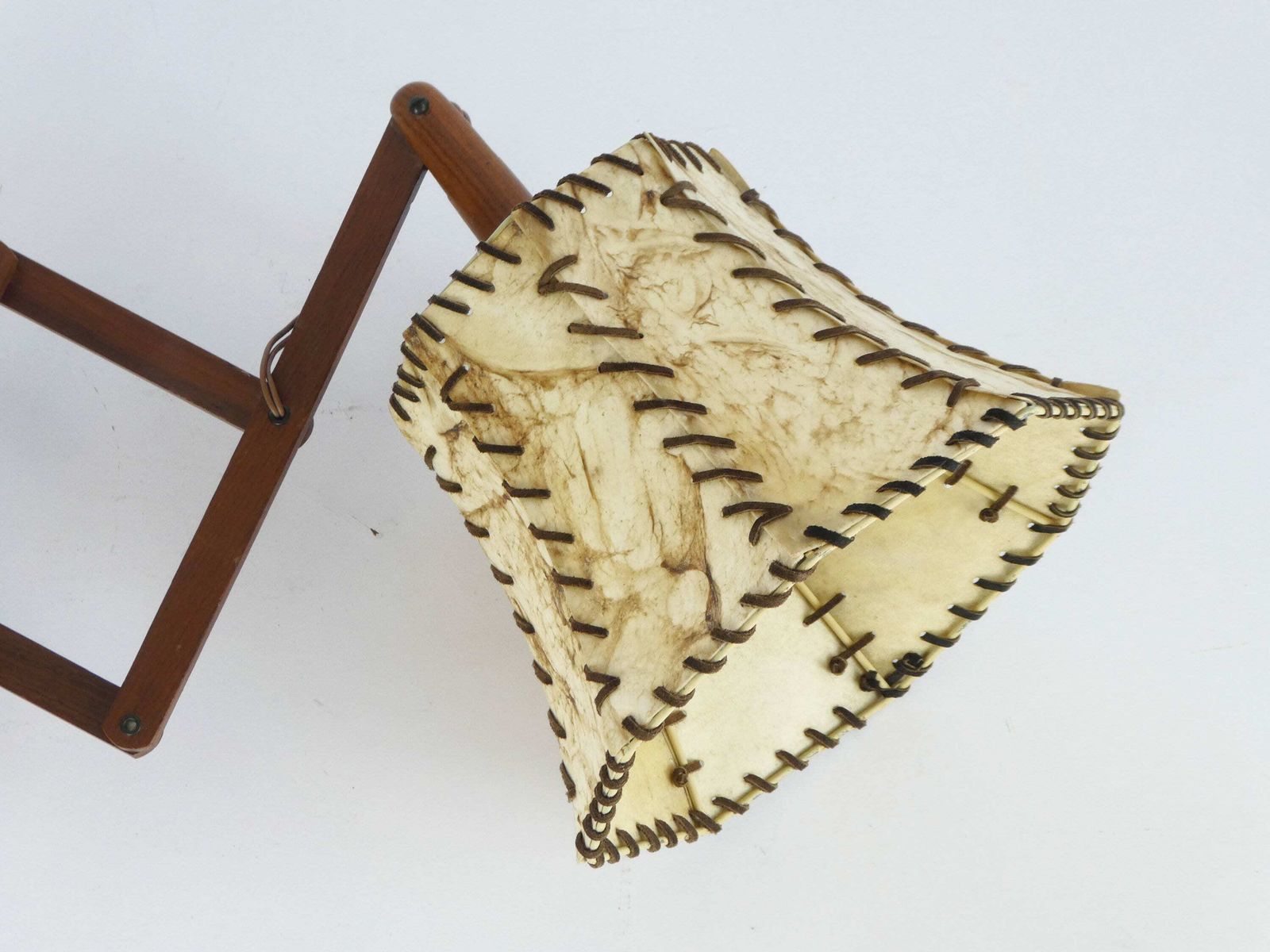Cute Vintage Wooden Scissor Wall Lamp, Extendable 60s Light With Patched Shade, Accordion Adjustable Lamp With Beige And Brown Fabric Shade photo for sale
