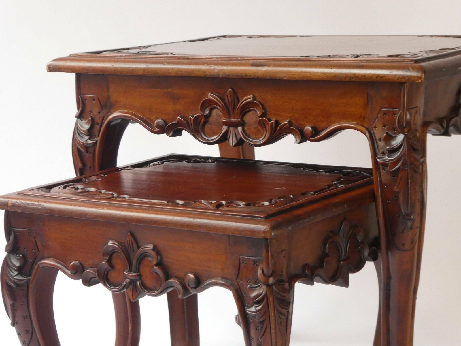 Vintage Asian Carved Wooden Nesting Tables, Chinese Side Tables With Floral Design photo vinterior