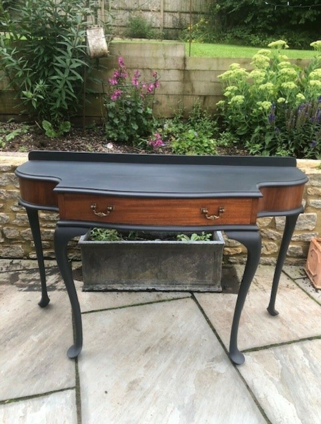 photo furniture Vintage Wooden Console Painted In Black Ash With Natural Wood Band Around It, Beautifully Finished