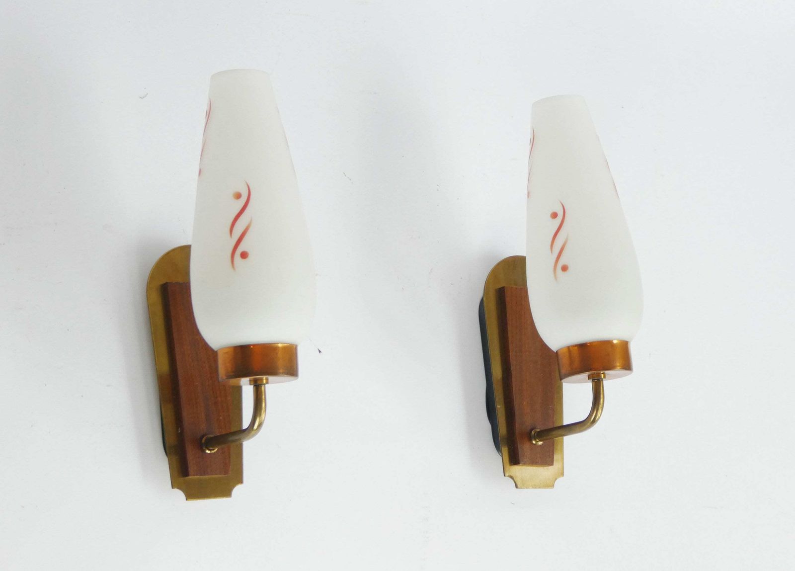 Scandinavian Design Mid Century Lamps With Glass Shade And Wood With Brass Details, Original Vintage Set Of Wall Lights, Glass 60's Lighting photo for sale