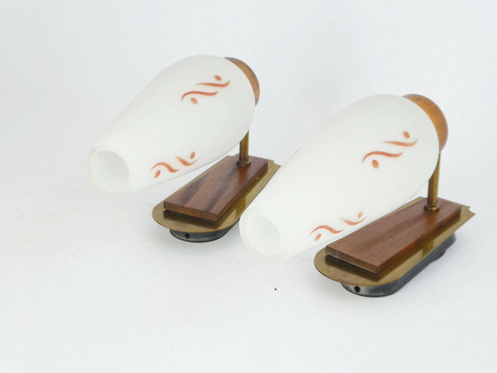 Scandinavian Design Mid Century Lamps With Glass Shade And Wood With Brass Details, Original Vintage Set Of Wall Lights, Glass 60's Lighting photo vinterior