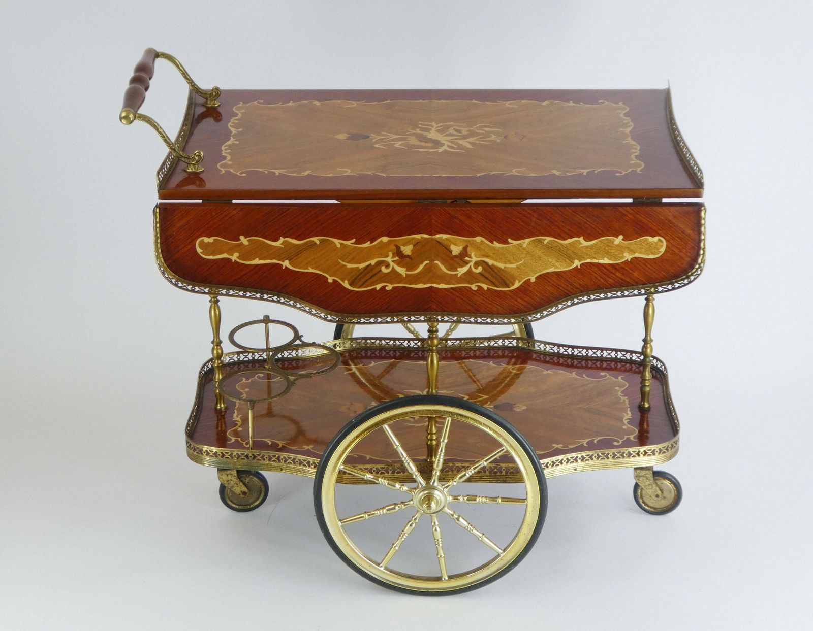 Italian Vintage Bar Cart Beautiful Inlaid Marquetry, Hollywood Regency Tea Cocktail Trolley, Serving Table Brass photo for sale