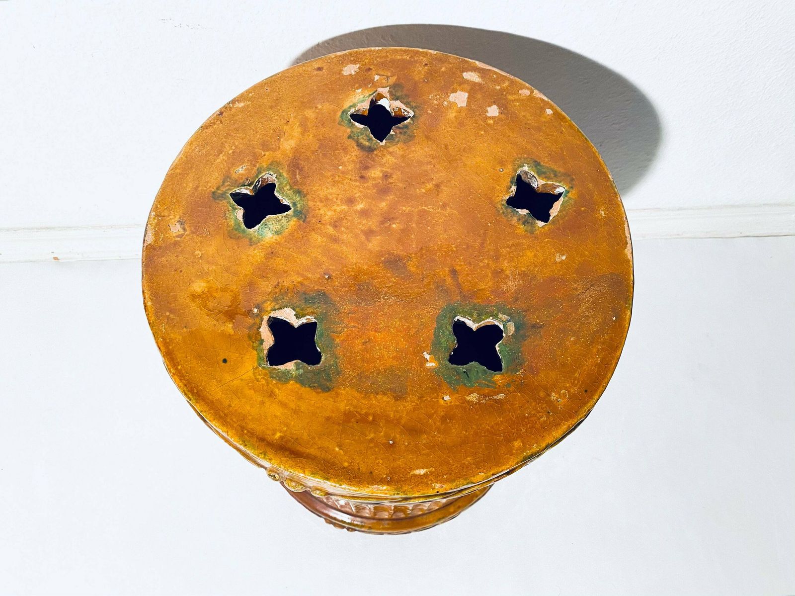 Antique Ceramic Pouf Stool Foot Rest / Flower Pylon / Green & Brown / Historic Decor photo vinterior