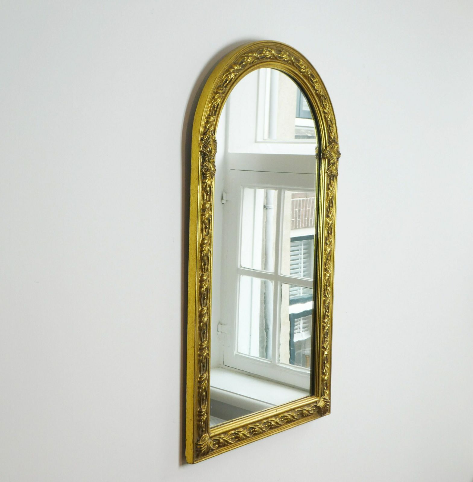 Wonderful Mid Century Asymmmetrical French Gold Mirror, Half Moon Wall Mirror With Gold Ornaments photo furniture