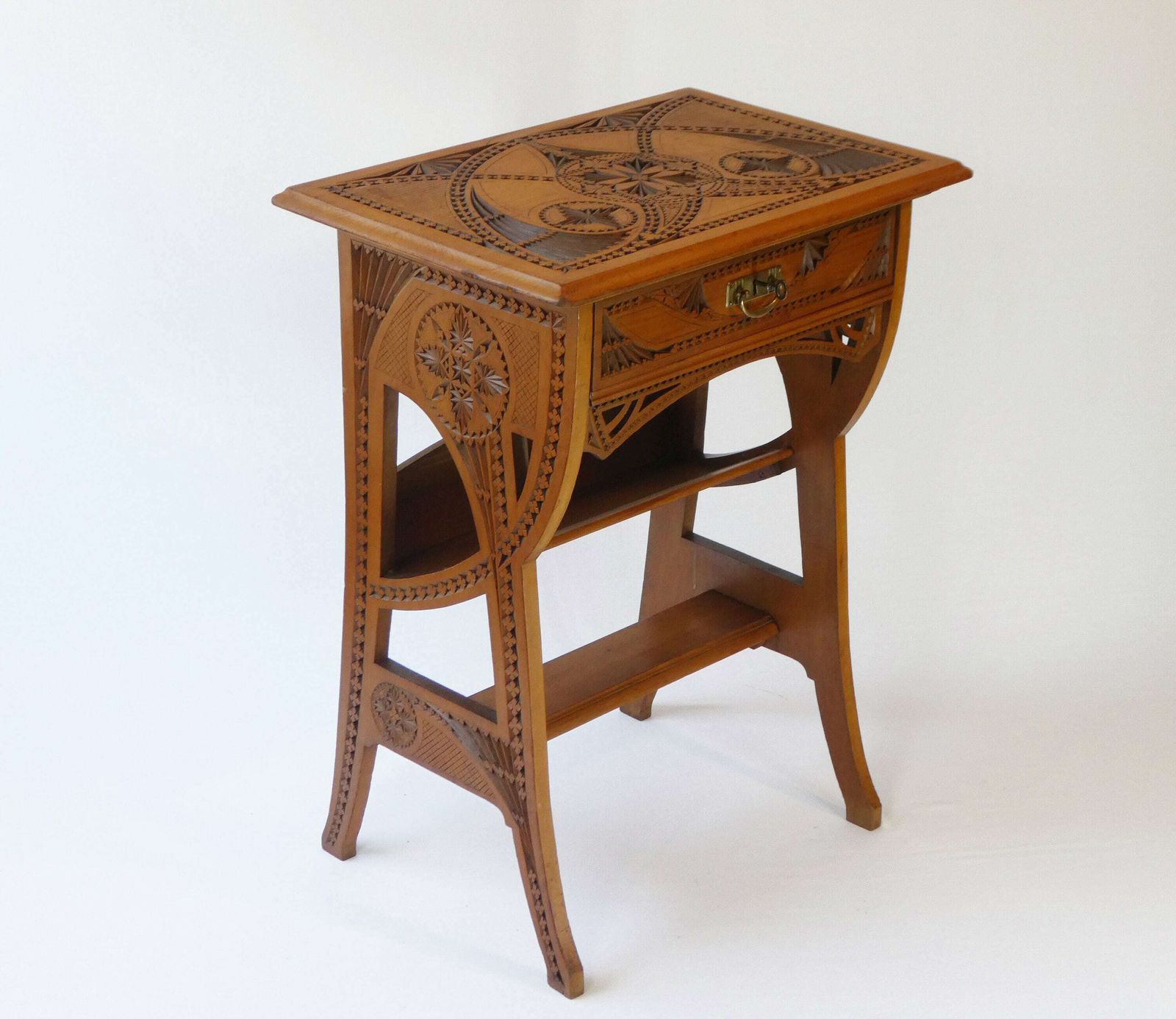 Antique Dutch Hand Carved Wooden Side Table, Art Nouveau Chip Carved Frisian Sewing Box With Lock, Handmade Folk Art Furniture photo furniture