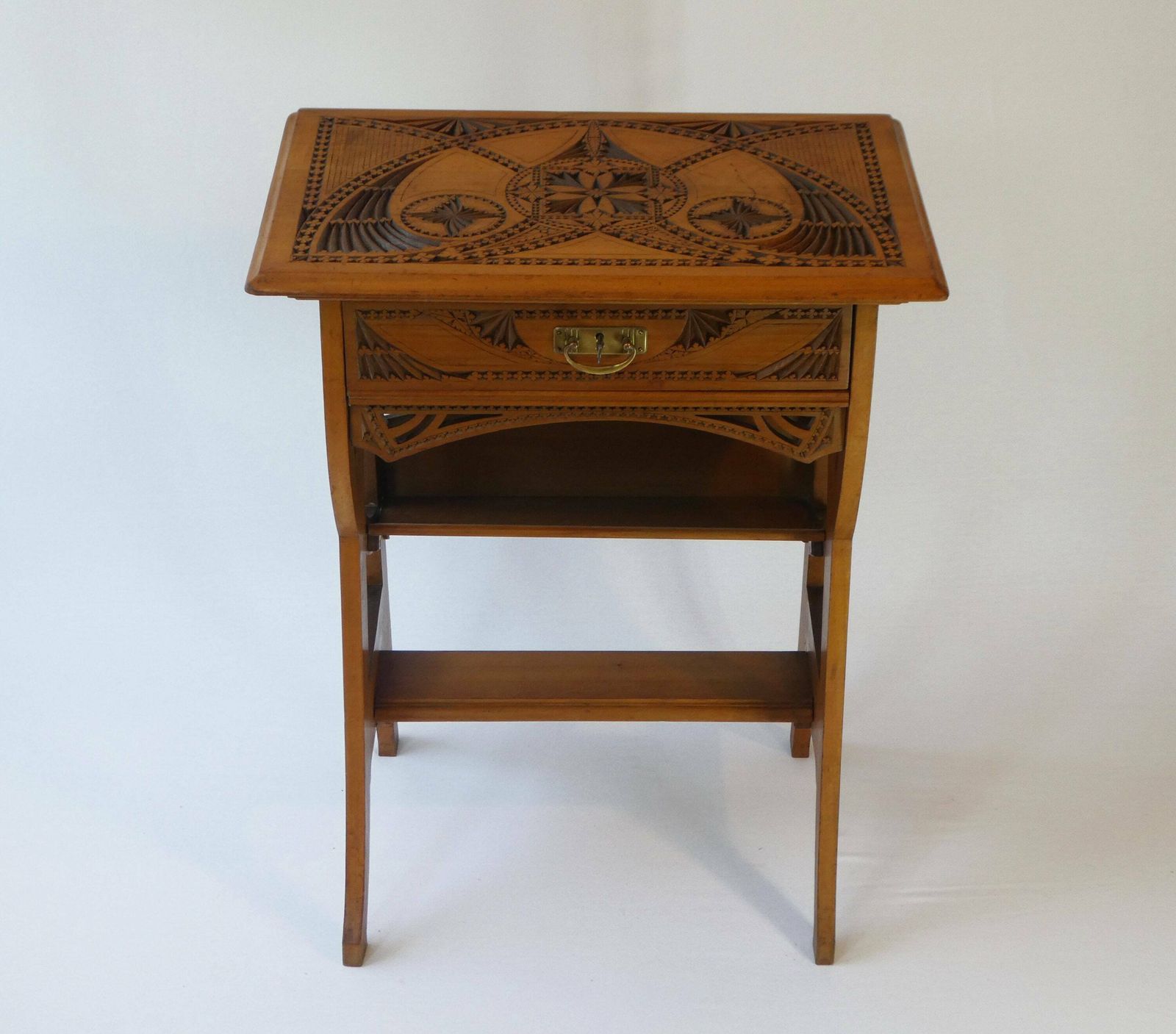 Antique Dutch Hand Carved Wooden Side Table, Art Nouveau Chip Carved Frisian Sewing Box With Lock, Handmade Folk Art Furniture photo for sale
