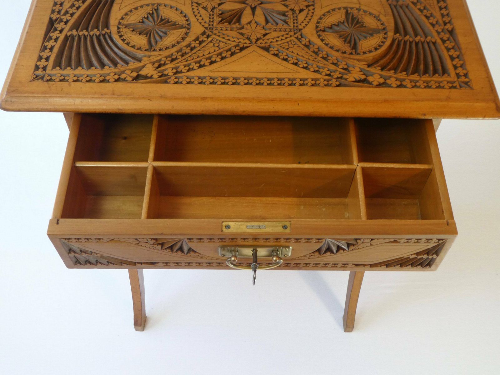 Antique Dutch Hand Carved Wooden Side Table, Art Nouveau Chip Carved Frisian Sewing Box With Lock, Handmade Folk Art Furniture photo 1273.0