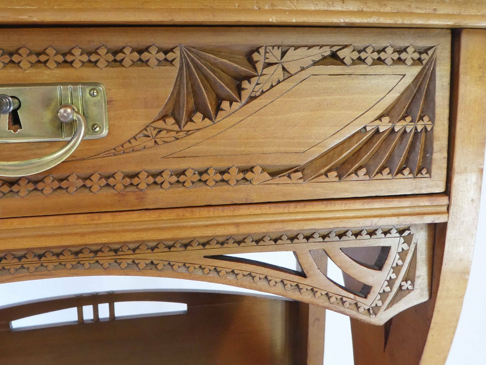 photo furniture Antique Dutch Hand Carved Wooden Side Table, Art Nouveau Chip Carved Frisian Sewing Box With Lock, Handmade Folk Art Furniture