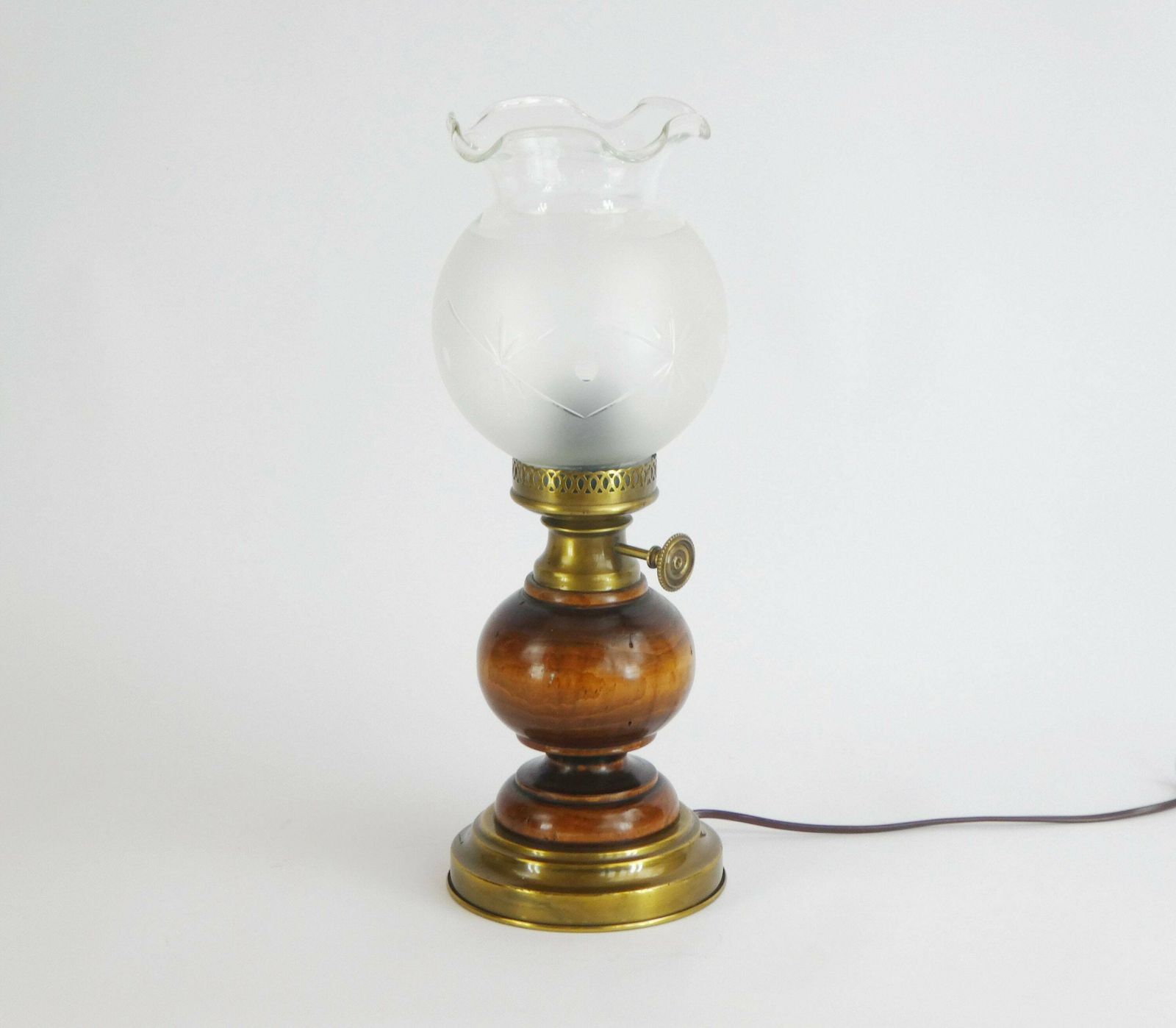 Antique Wooden Ornate Oil Table Lamp With Glass Shade, Beautiful German Desk Light With Brass Compartments