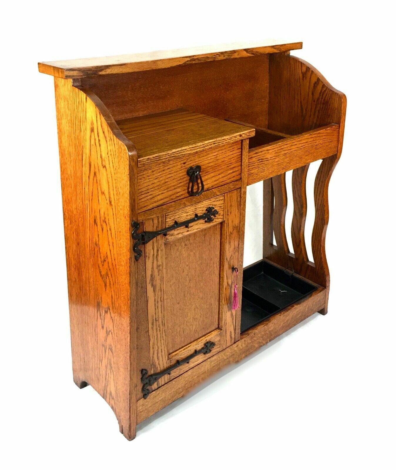 Antique Arts & Crafts Oak Entrance Hall Storage Cupboard Umbrella Stand C.1920