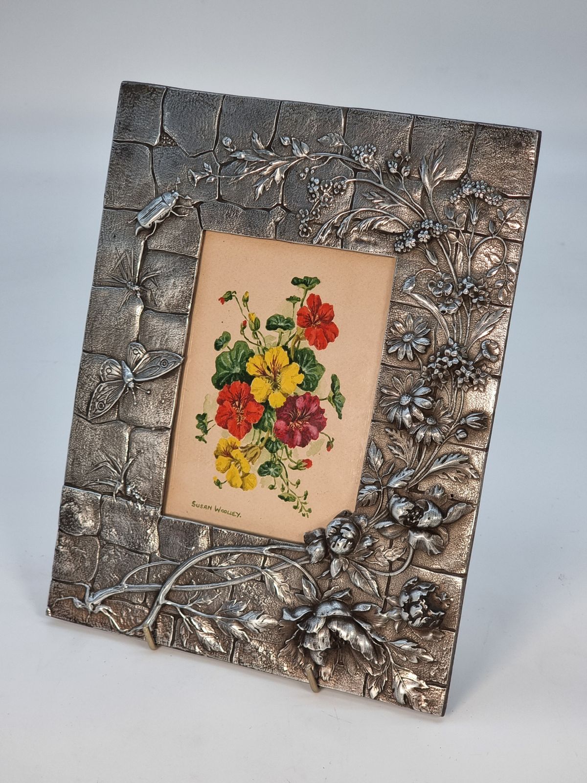 A Floral Watercolour And Decorative Pewter Frame, Circa1890, French photo furniture