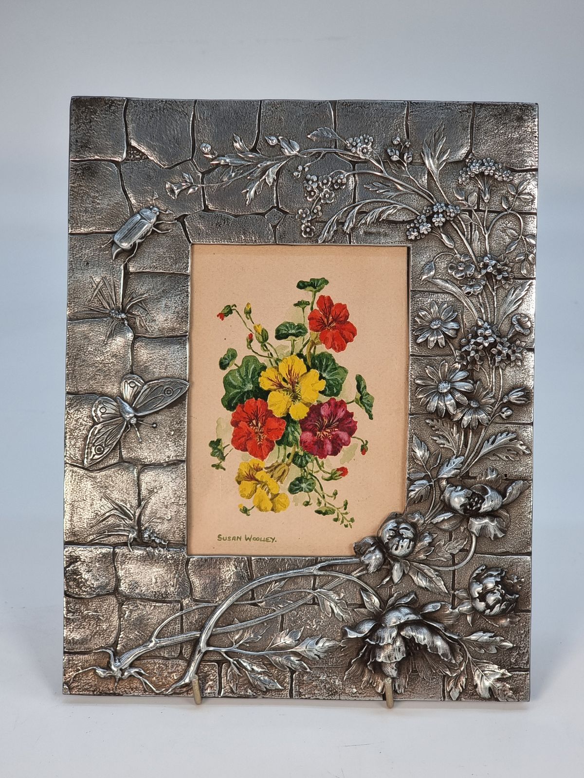 A Floral Watercolour And Decorative Pewter Frame, Circa1890, French photo Home Decor