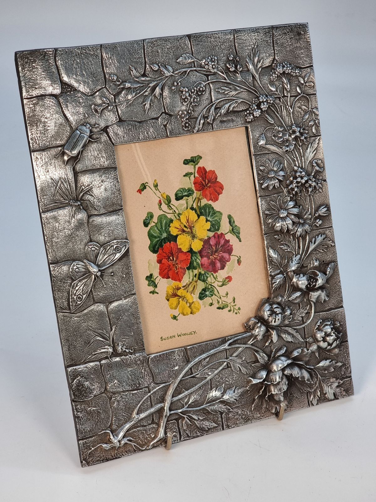 A Floral Watercolour And Decorative Pewter Frame, Circa1890, French photo 365.0