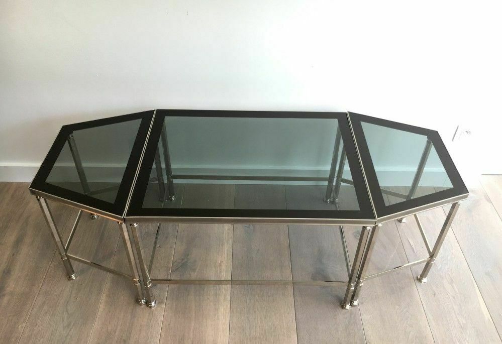Rare Tripartite Nickel Coffee Table With Lacquered Glass Tops Around The Edge photo furniture