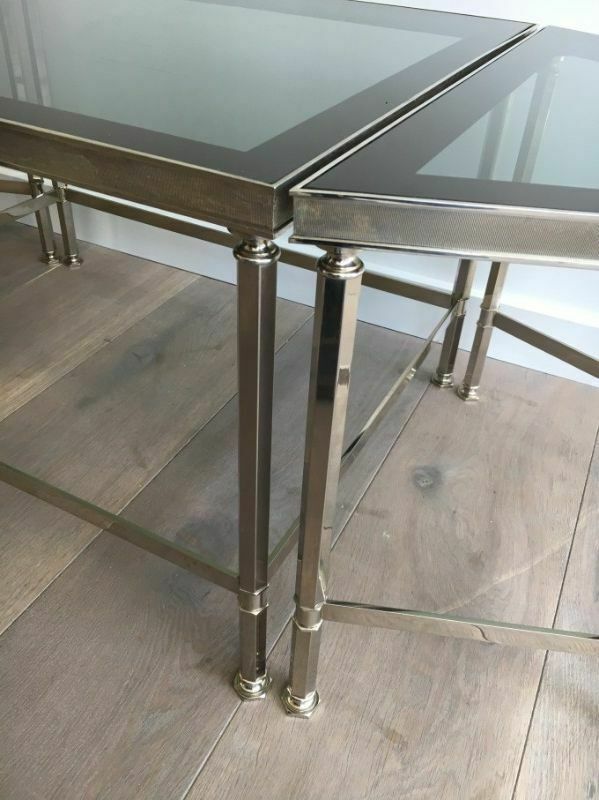 Rare Tripartite Nickel Coffee Table With Lacquered Glass Tops Around The Edge photo 1550.0