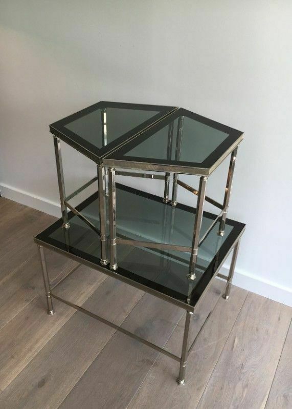Rare Tripartite Nickel Coffee Table With Lacquered Glass Tops Around The Edge photo vintage