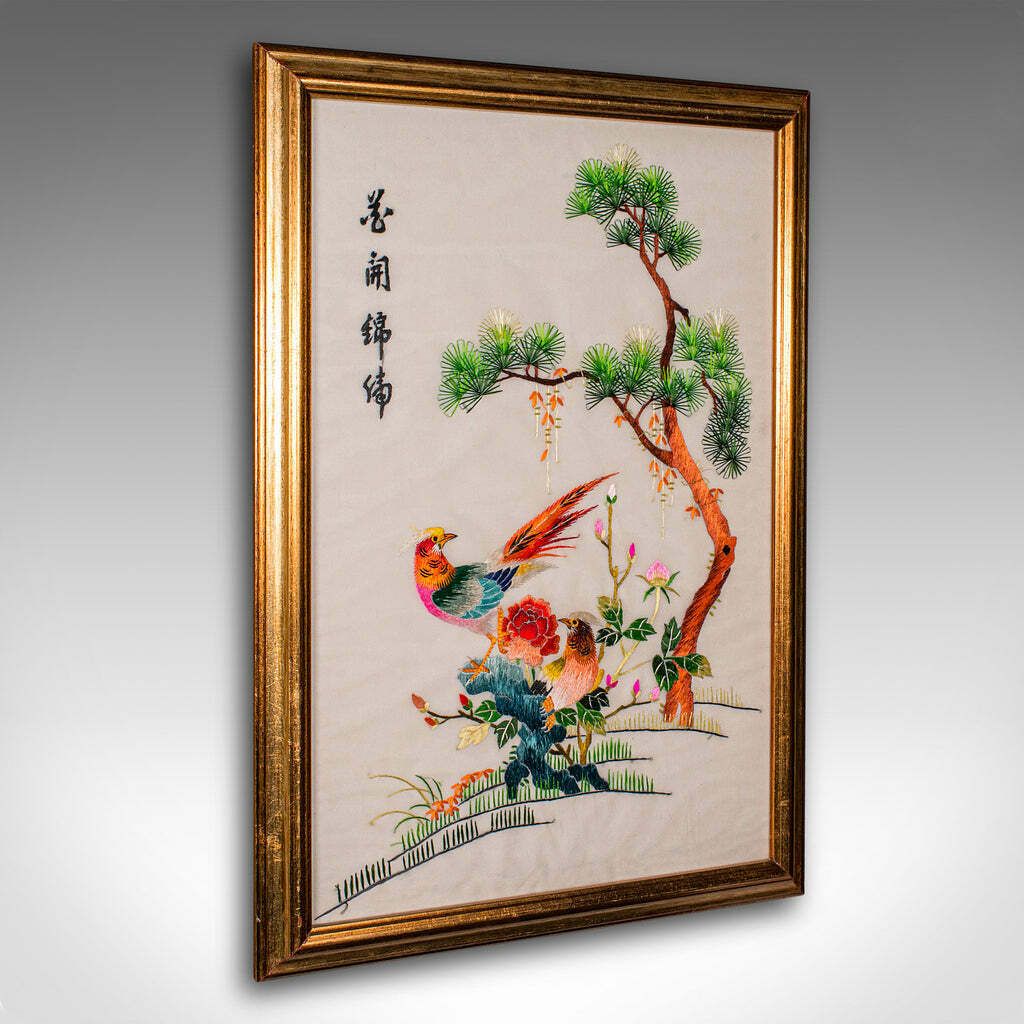 Vintage Embroidered Bird Panel  Korean  Silk Cotton  Embroidery  Art Deco  1930