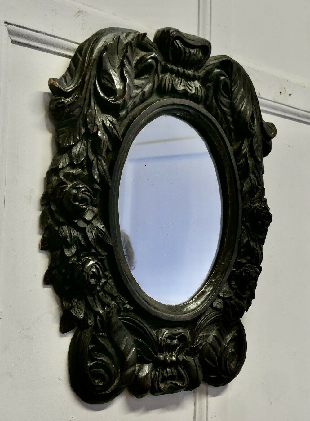 Gothic Carved Oak Oval Mirror photo 720.0
