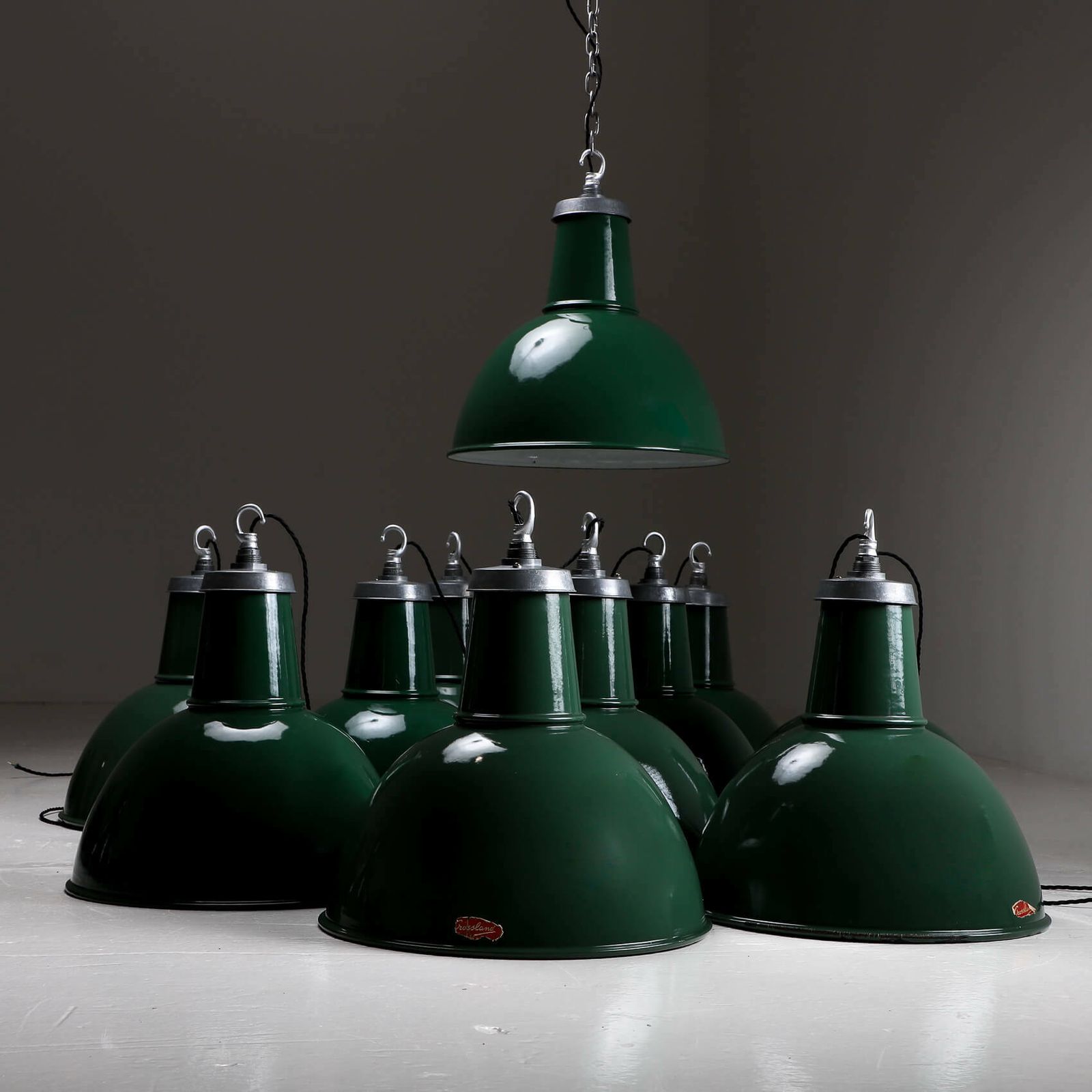 Large Industrial Green Enamel Pendant Light By Crossland – 7 Available