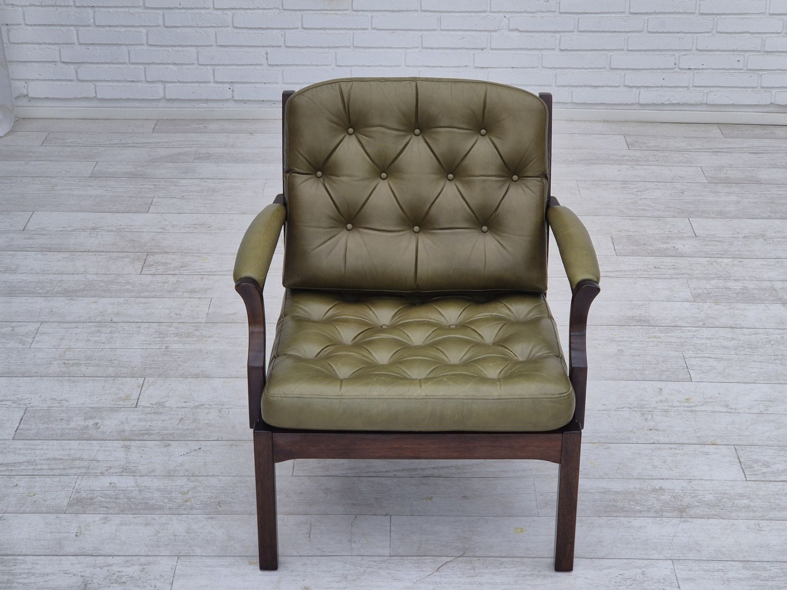 1970s, Scandinavian Armchair, Original Condition, Furniture Leather, Solid Teak Wood. photo vintage
