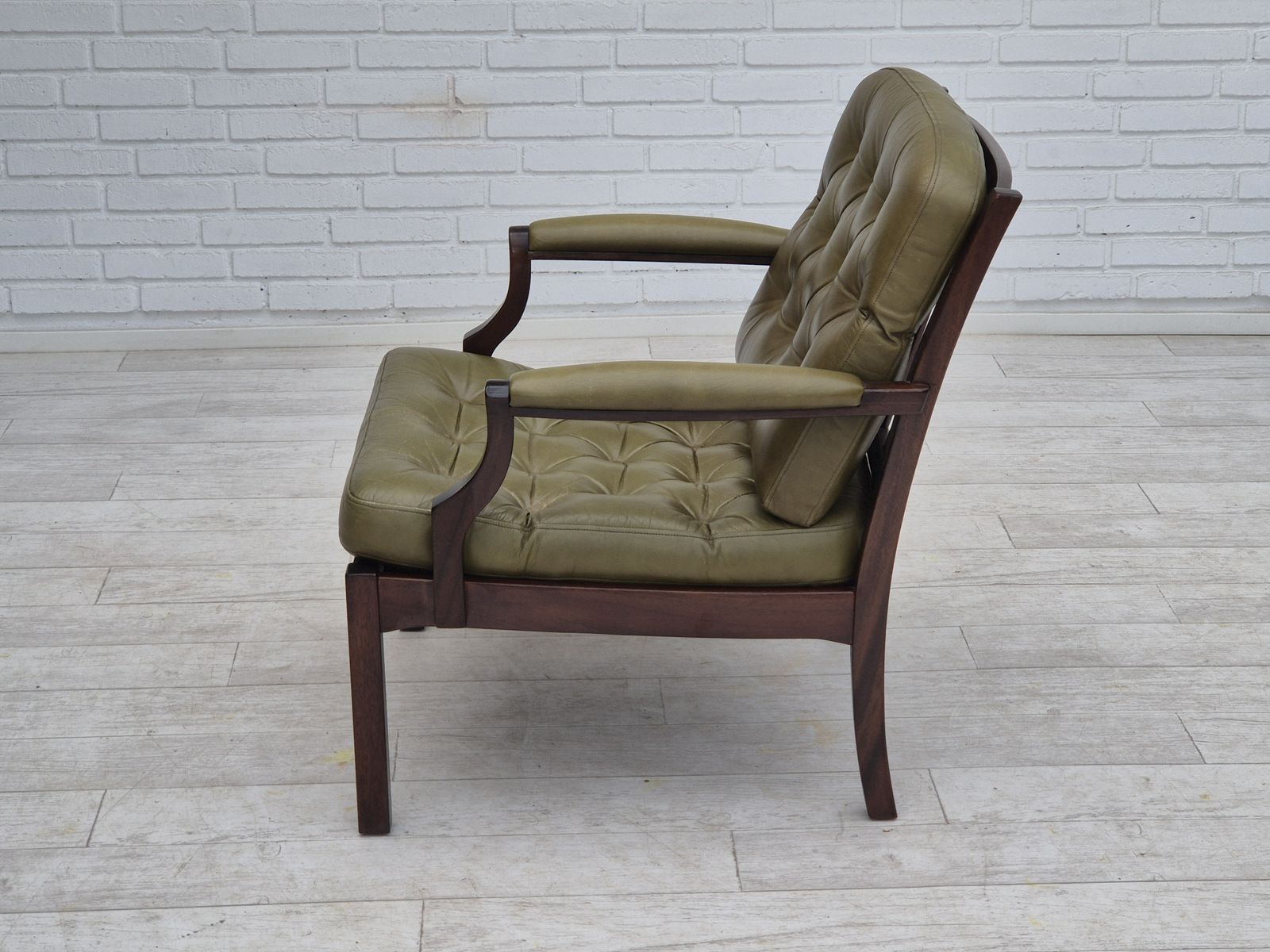 photo buy 1970s, Scandinavian Armchair, Original Condition, Furniture Leather, Solid Teak Wood.