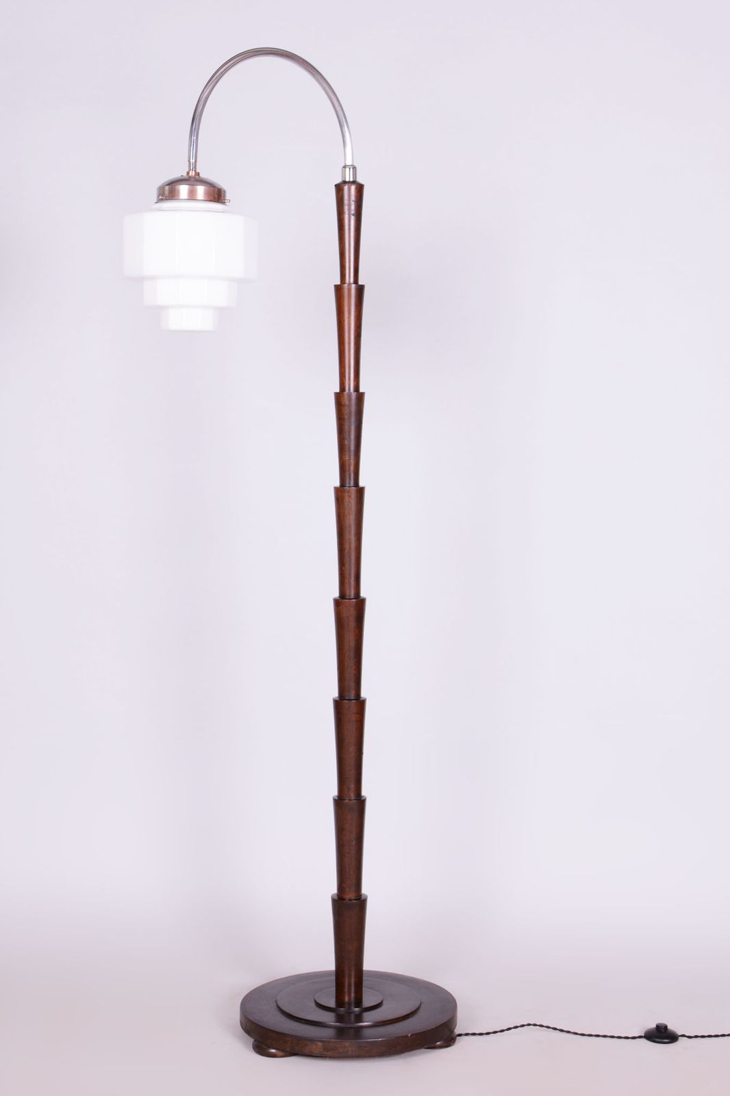 Restored Cubism Floor Lamp, Beech, Chrome Plated Steel, Glass, Czech, 1920s