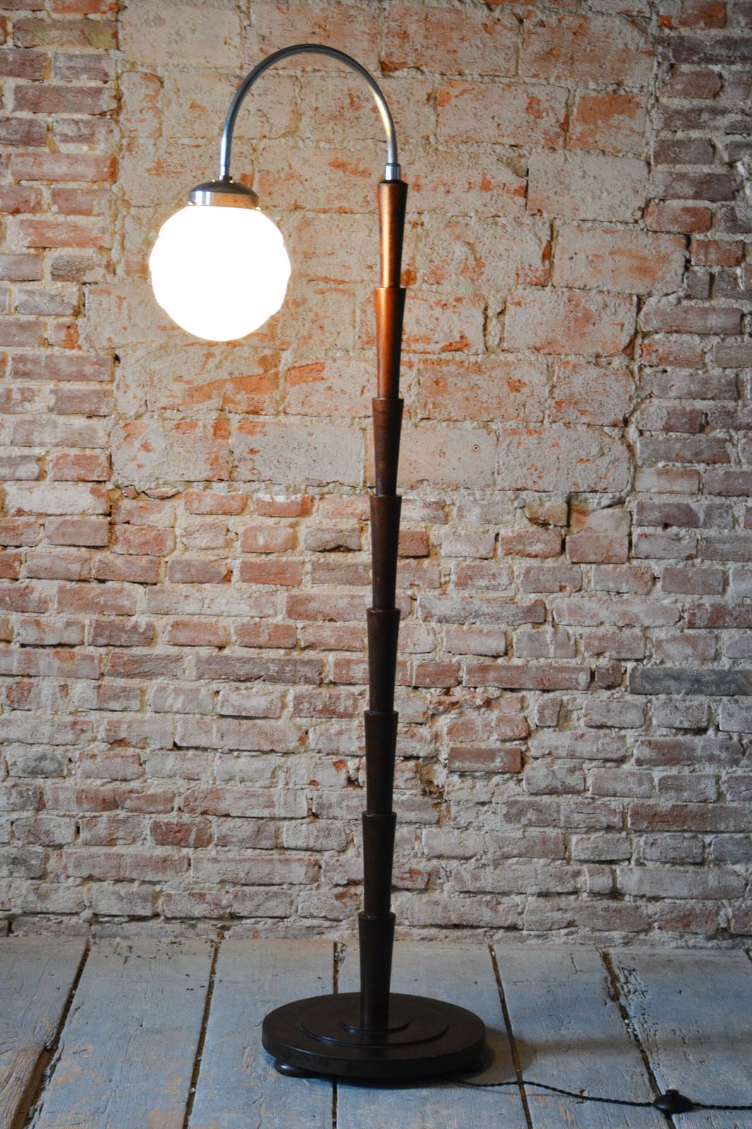 photo for sale Restored Cubism Floor Lamp, Beech, Chrome, Milk Glass, Rewired, Czech, 1920s