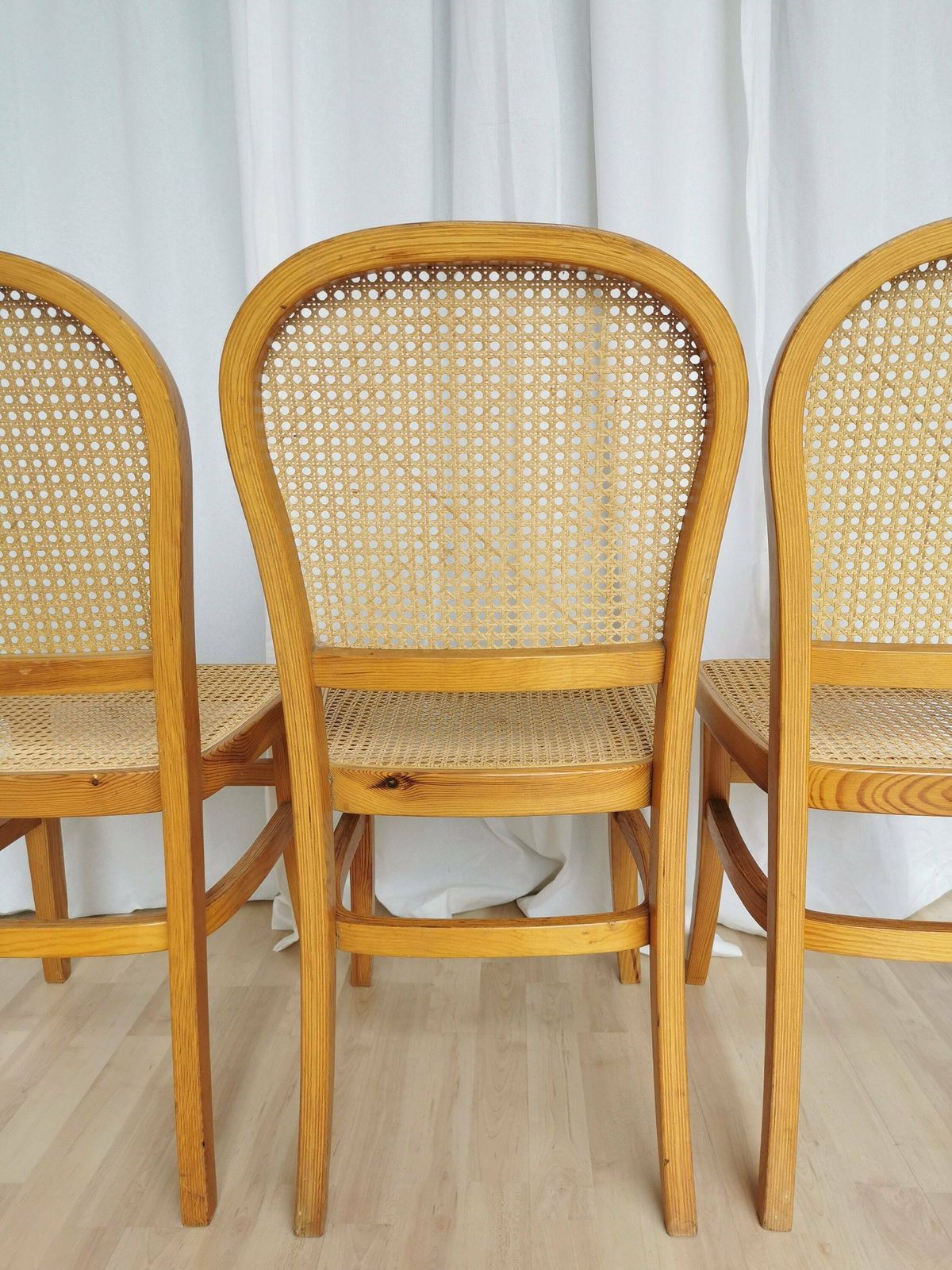 Set Of 3 Vintage Wooden Dine Chairs With Cane Seat And Cane Backrest / Mid Century Dining Room Furniture / Yugoslavia 1970s / Wicker Mash photo Furniture