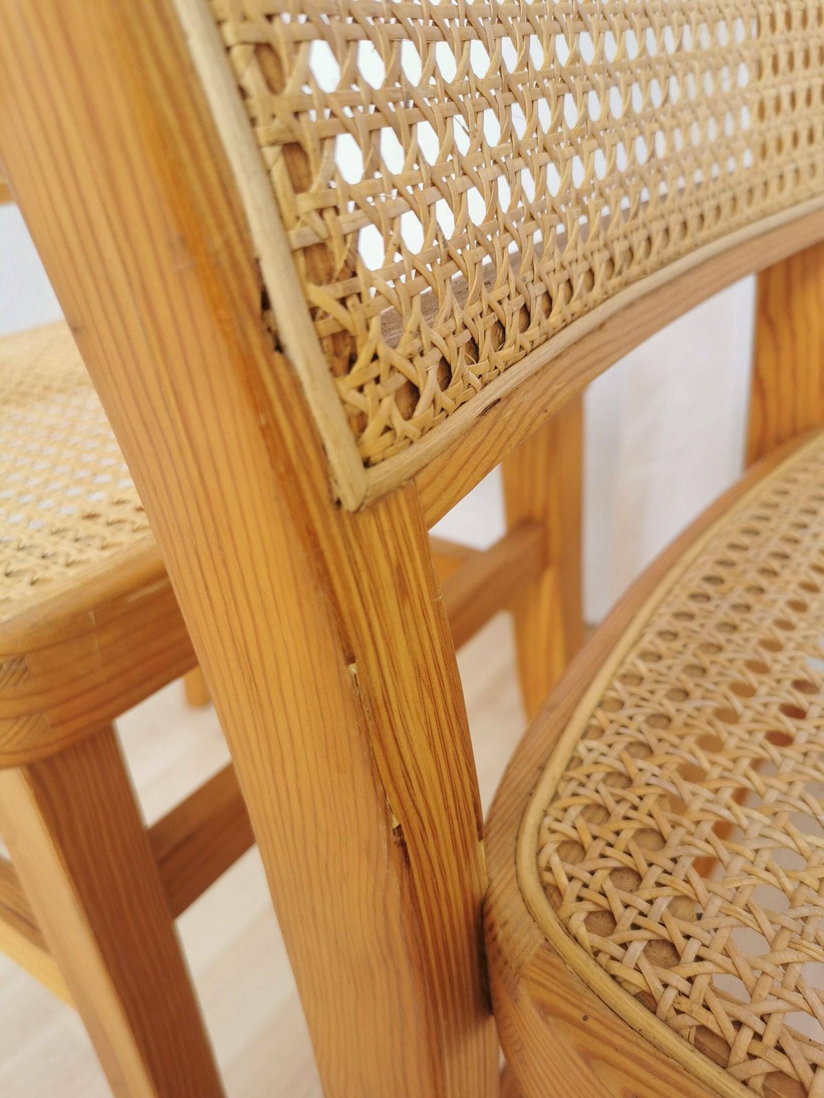 Set Of 3 Vintage Wooden Dine Chairs With Cane Seat And Cane Backrest / Mid Century Dining Room Furniture / Yugoslavia 1970s / Wicker Mash photo buy