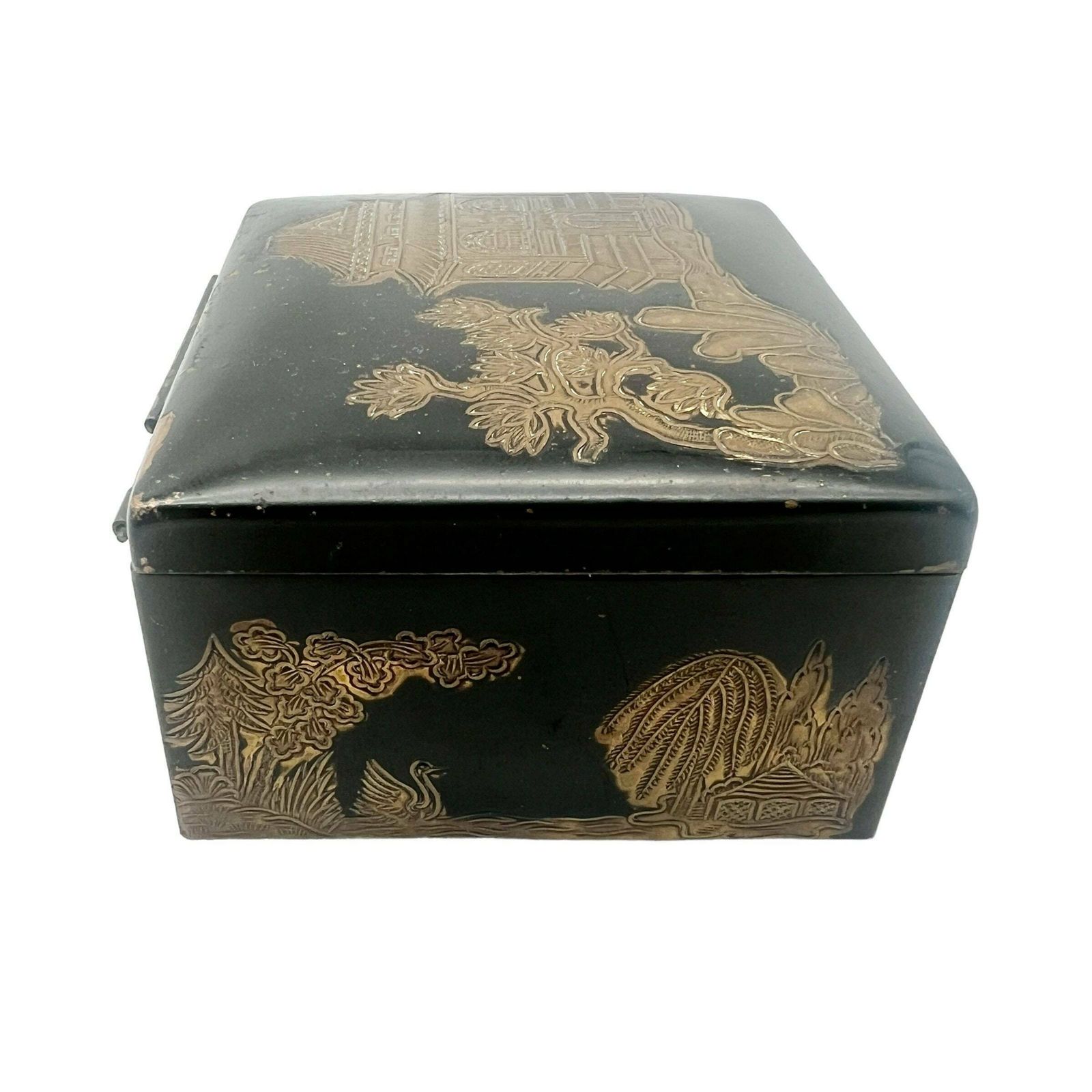 Antique Japanese Engraved Brass Cigarette Box   Pagoda   Tobacciana photo 53.0