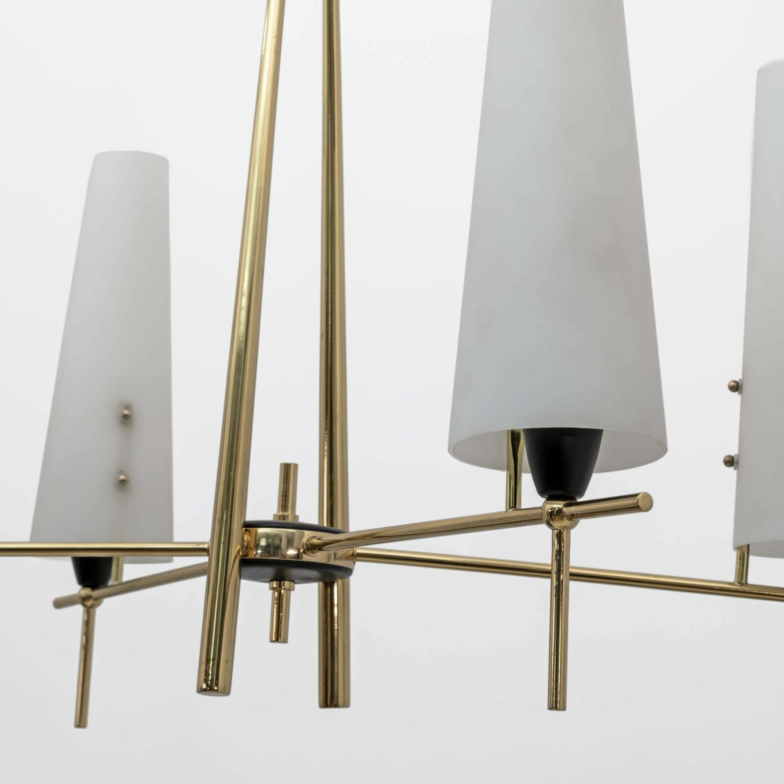 Stilnovo Style Mid Century Modern Italian Brass And Opaline Glass Chandelier 60s photo for sale