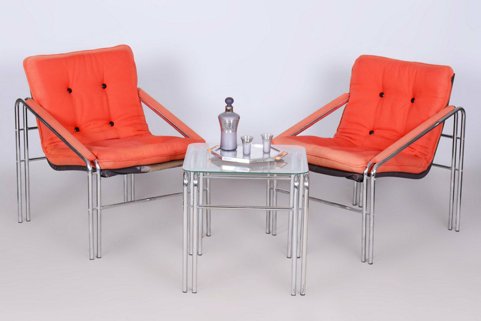 Original 20th Century Livingroom Set With Table, Chrome, Glass, Slovakia, 1970s