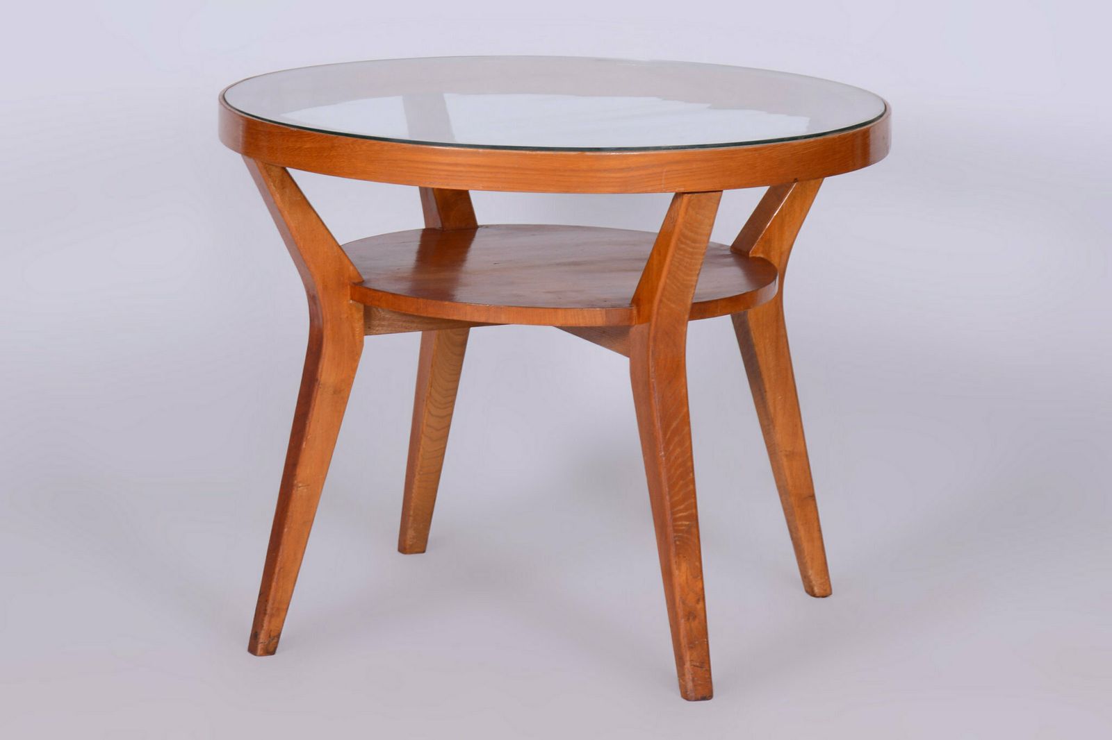 Restored Mid Century Coffee Table, Oak, Glass, Czech, 1950s